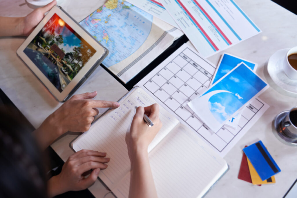 loving couple planning vacation trip